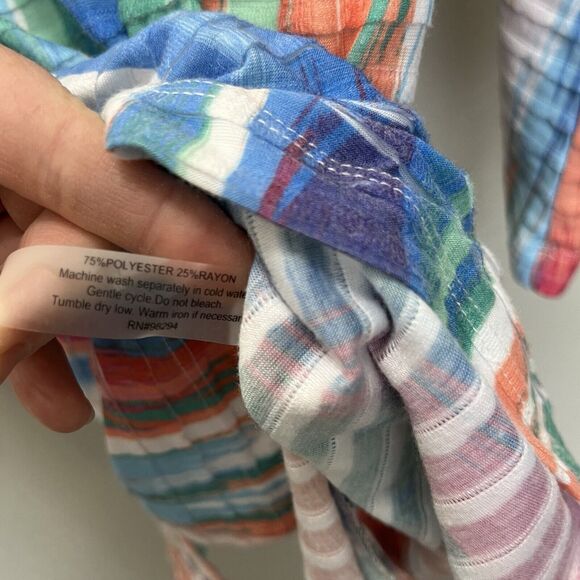 Onque Casual | Textured Tiered Multi Rainbow Stripe V-Neck 3/4 Sleeve Top Medium - Picture 4 of 5